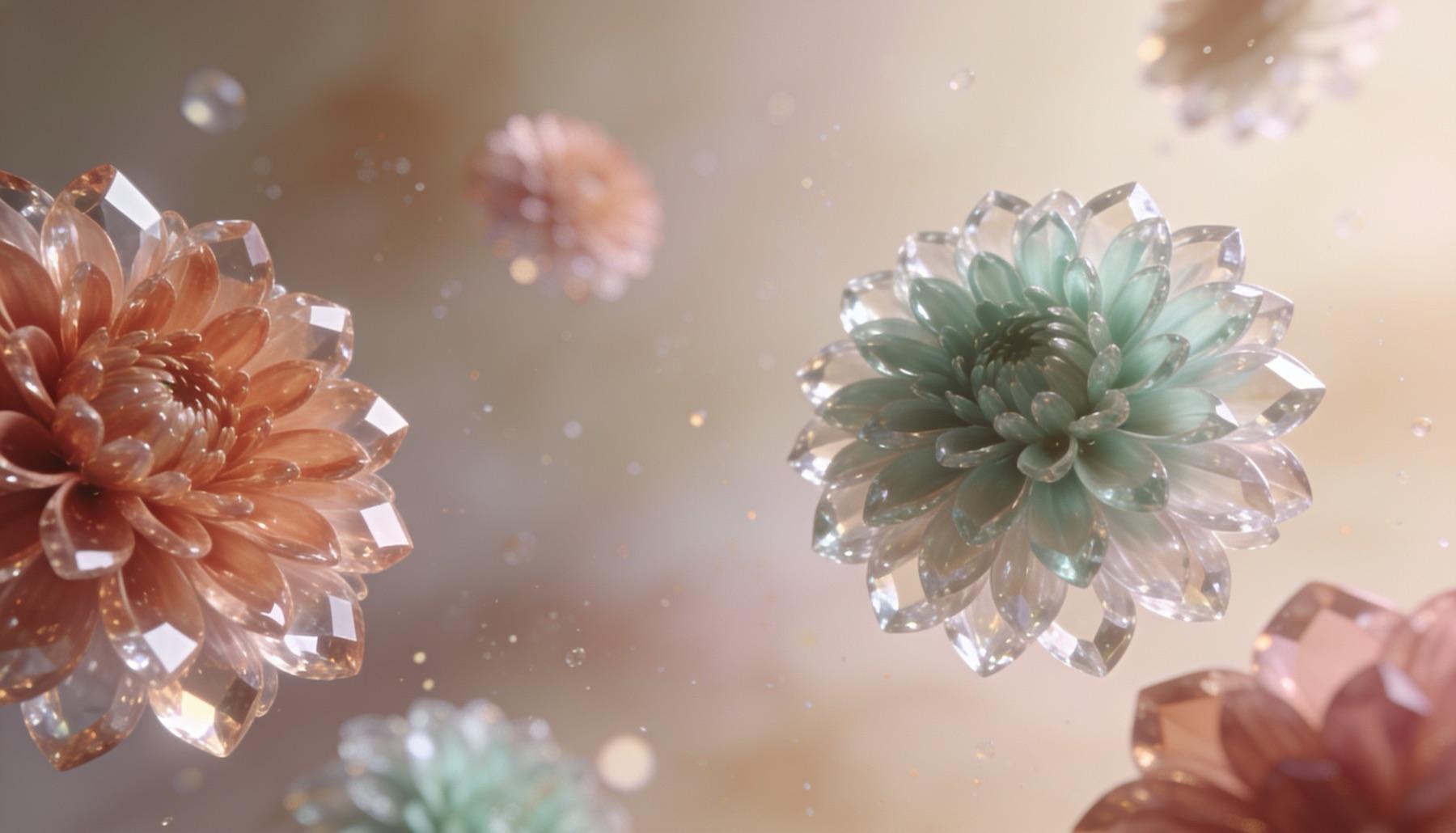 Translucent crystalline dahlia blooms drifting through a soft, warm light — a gentle, open space for learning to unfold.